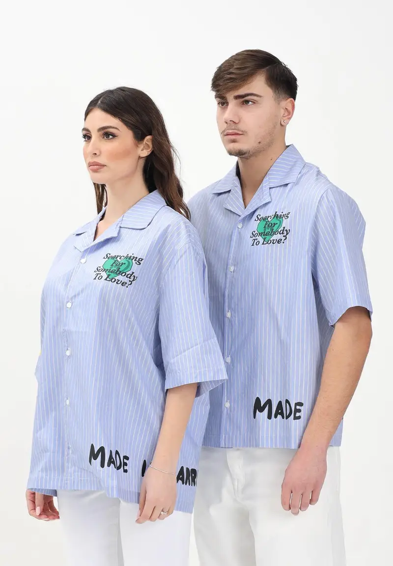 BARROW Camicia a manica corta azzurra per uomo e donna con stampe e motivo a righe