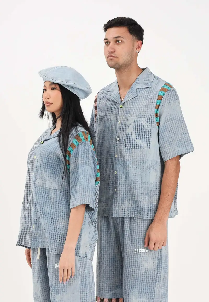 BARROW Camicia a manica corta celeste per uomo e donna con stampa micro check