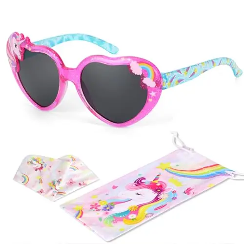 Beipegin Occhiali da Sole Bambina Unicorno Forma di Cuore Protezione UV Ultravioletti Occhiali Sole con Custodia