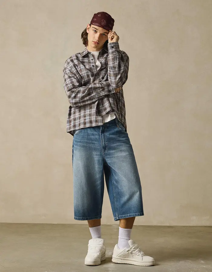 Bershka Bermuda In Denim Super Baggy Fit Uomo (Eur 44) Azzurro Lavato