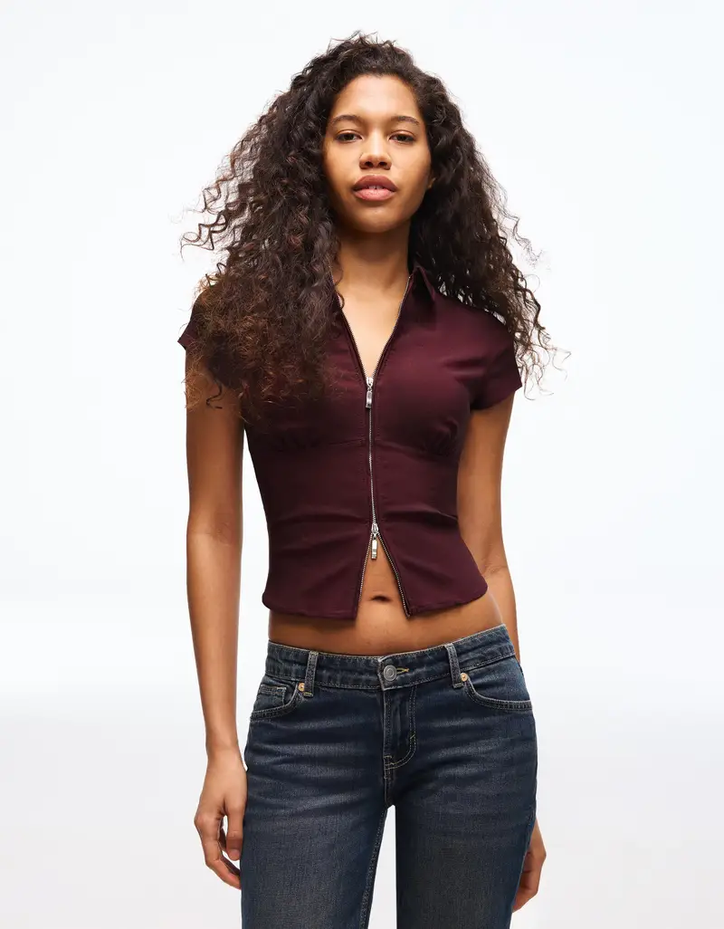 Bershka Camicia A Maniche Corte Cerniera Donna Porpora