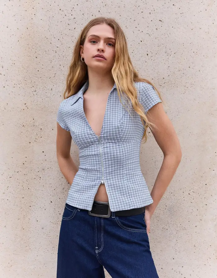 Camicia A Maniche Corte Con Cerniera Donna Azzurro