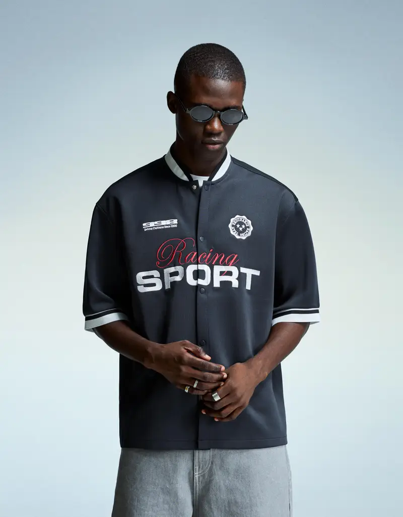 Bershka Camicia A Maniche Corte Ricamata Uomo Marino