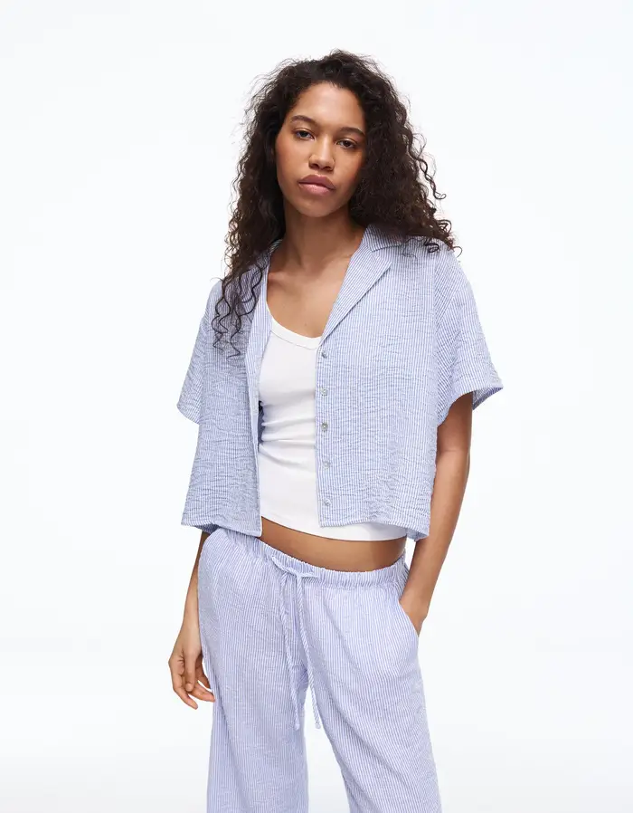 Bershka Camicia A Maniche Corte Rustica Donna Azzurro