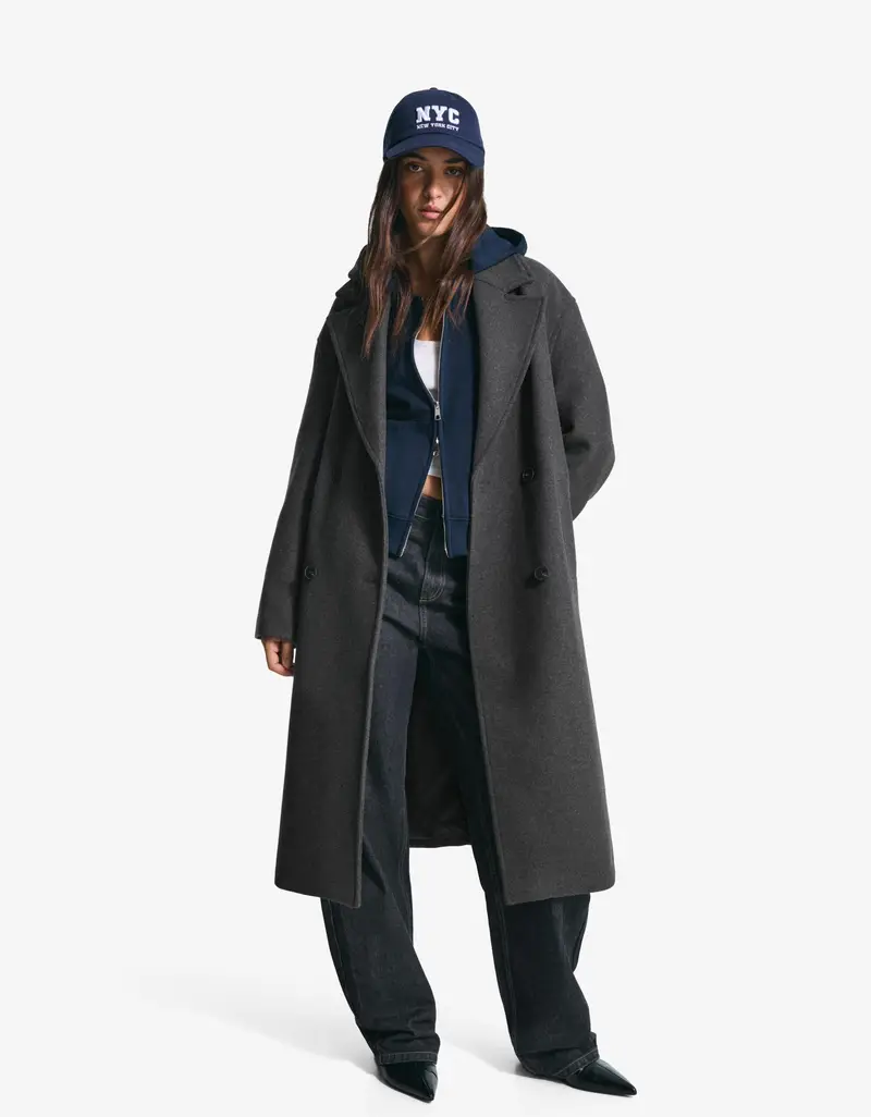 Bershka Cappotto Lungo Con Spalle Scivolate Donna S Grigio Scuro