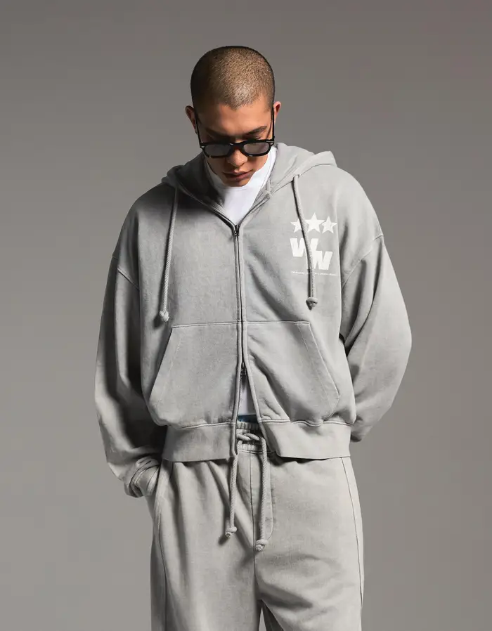 Felpa Boxy Fit Con Cerniera Stampa Uomo Pietra