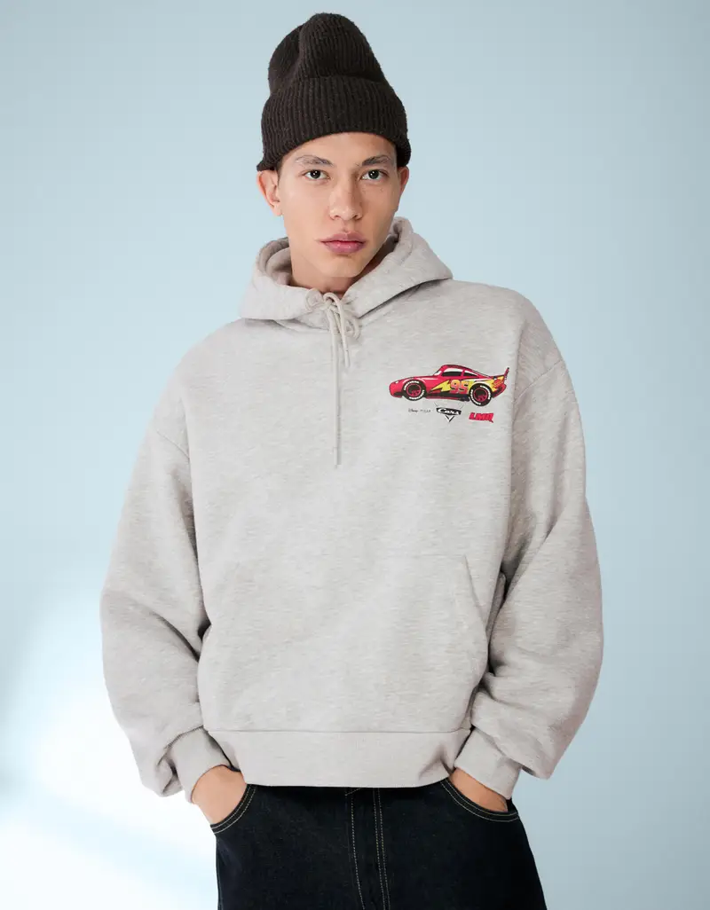 Bershka Felpa Cars Cappuccio Stampa Uomo Grigio