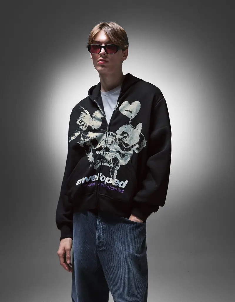 Bershka Felpa Con Cerniera Cappuccio Stampa Uomo Nero