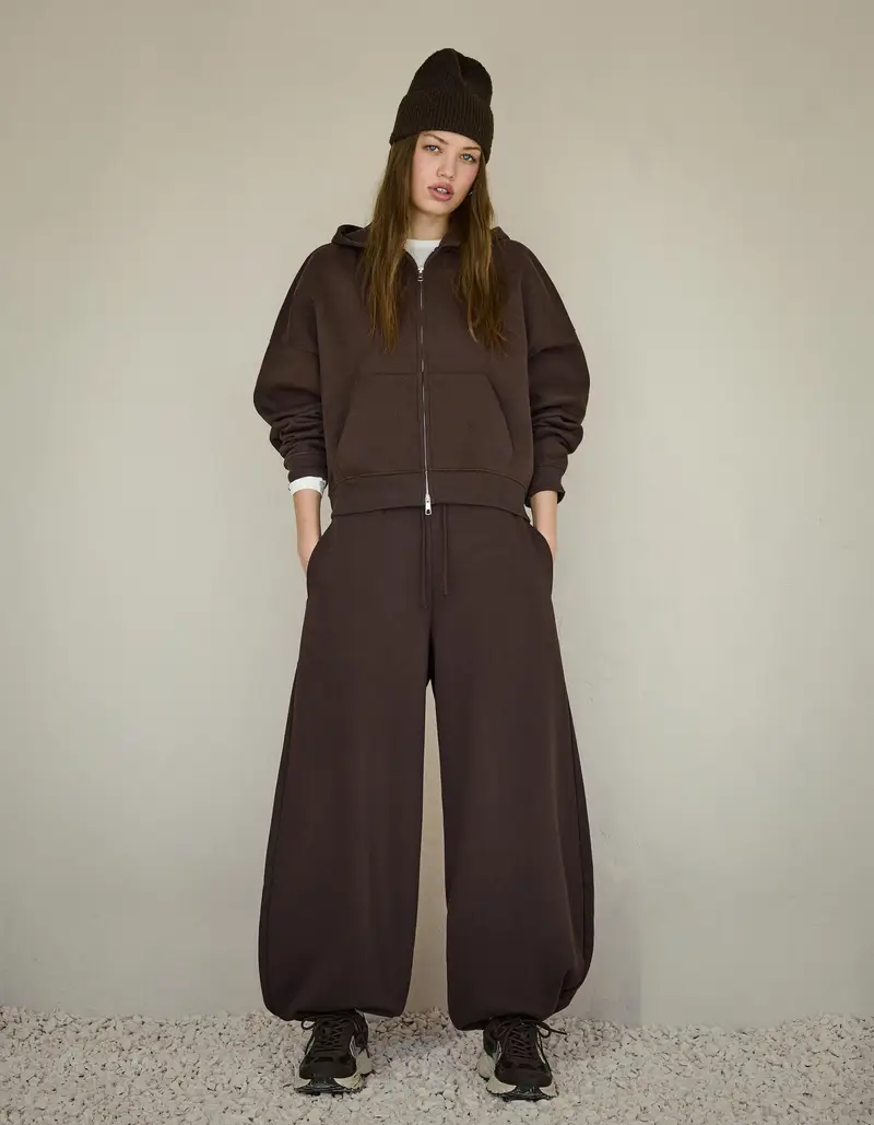 Bershka Felpa Con Zip Oversize E Cappuccio Donna Marrone