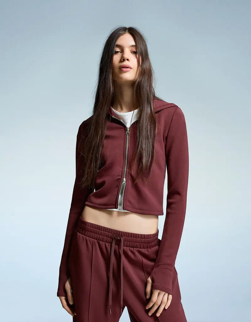 Bershka Felpa Morbida Con Cerniera E Cappuccio In Modal Donna Bordeaux