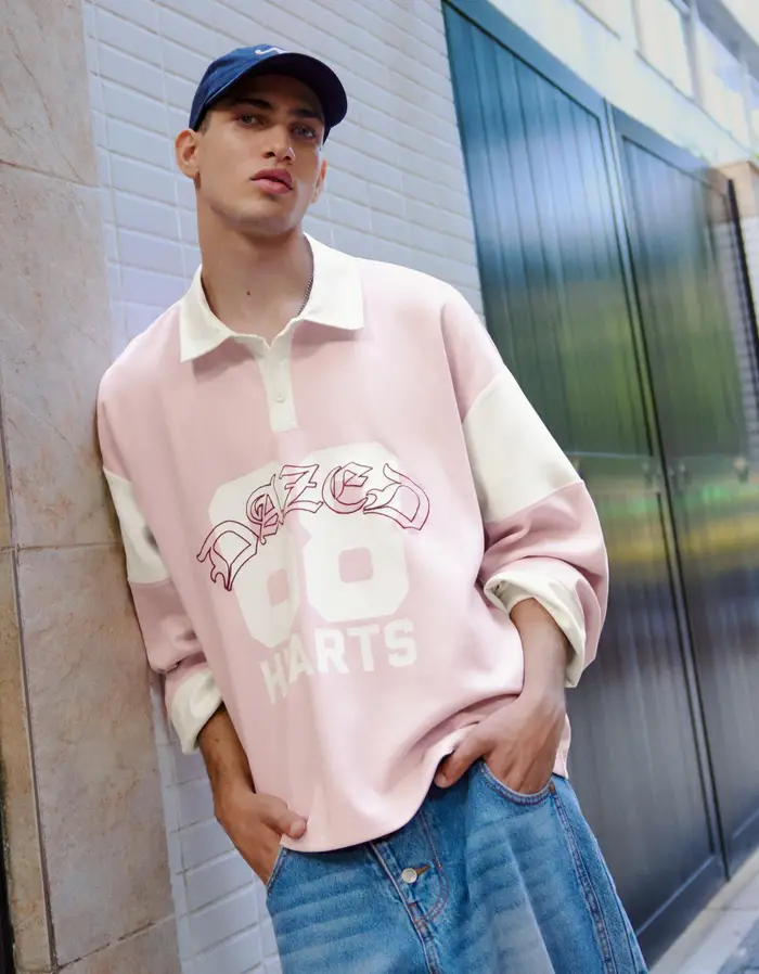 Bershka Felpa Polo Maniche Lunghe Stampa Uomo Rosa