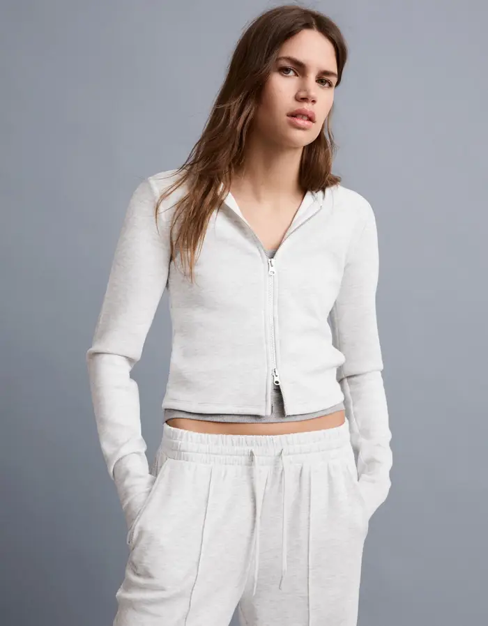 Bershka Felpa Zip Soft Con Modal Cappuccio Donna Grigio