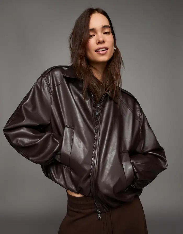 Bershka Giacca Effetto Pelle A Palloncino Donna Marrone