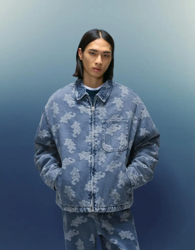 Bershka Giubbotto In Denim Jacquard Uomo Azzurro Lavato