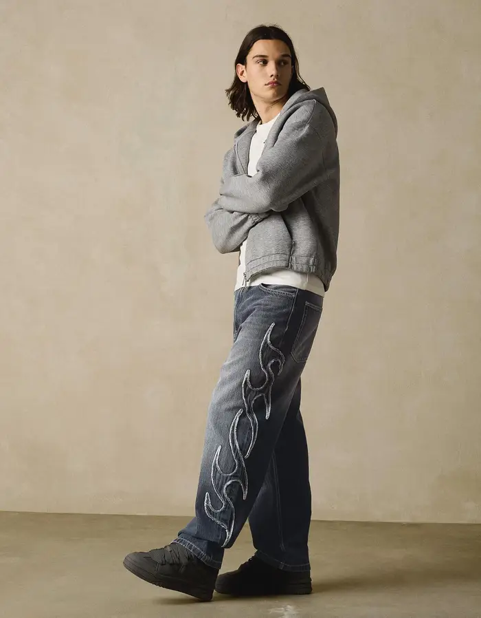 Bershka Jeans Baggy Fit Con Patch Uomo (Eur 34) Blu