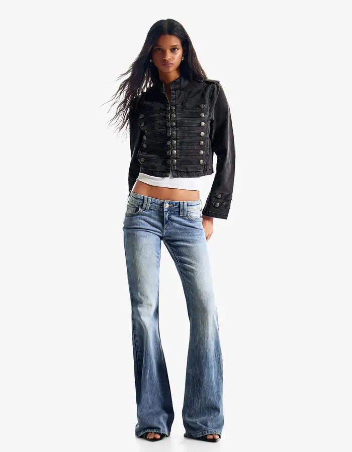 Bershka Jeans Flare Vita Bassa Ricamati Donna (Eur 40) Azzurro Chiaro