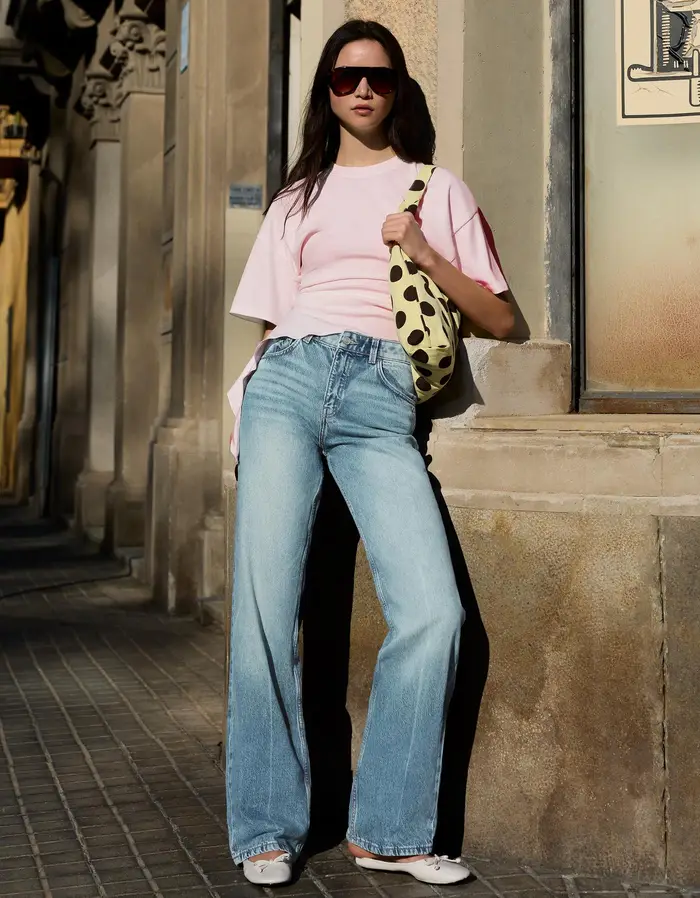 Bershka Jeans Gamba Larga Straight Fit Vita Alta Donna Azzurro Lavato