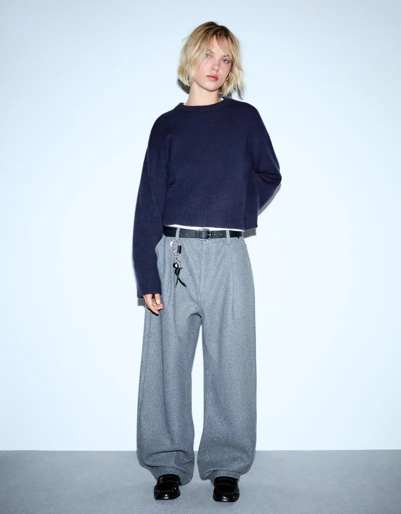 Bershka Maglia Oversize Con Fondo A Coste Donna Azzurro