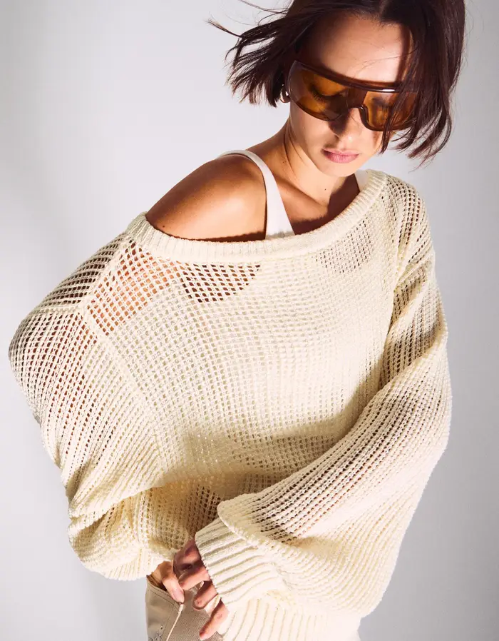 Maglia Traforata Misto Lino Donna Avorio