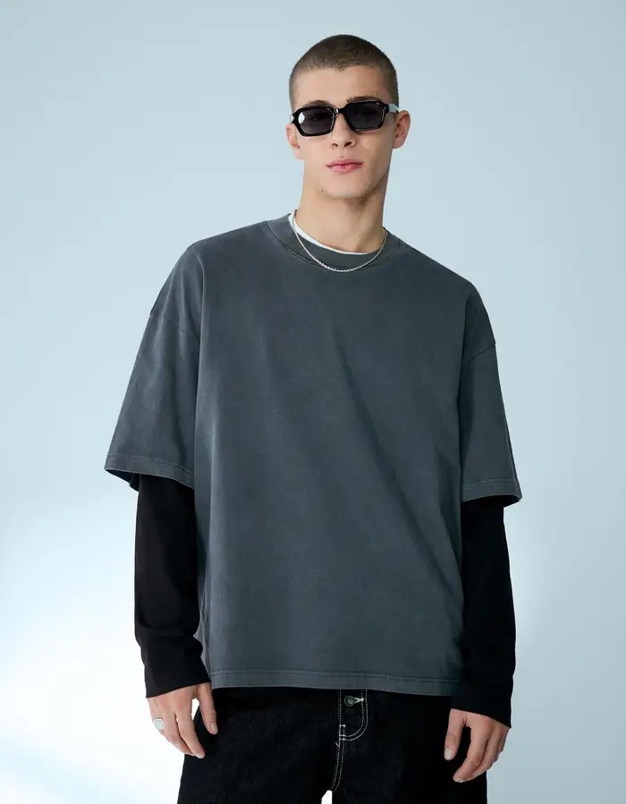 Bershka Maglietta A Doppia Manica Stampata Uomo Grigio