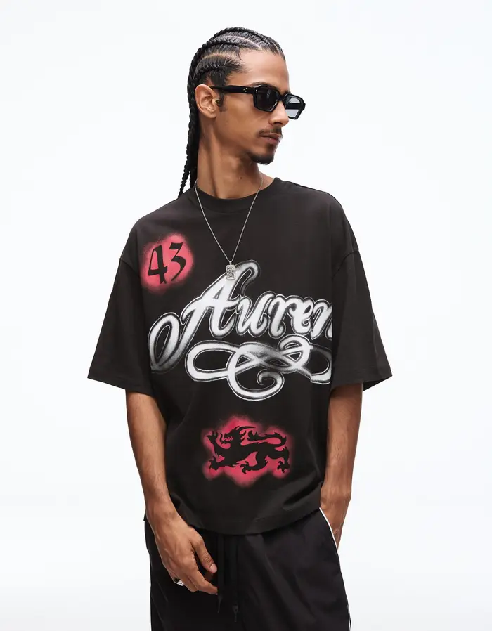 Bershka Maglietta A Maniche Corte Boxy Fit Stampata Uomo Nero