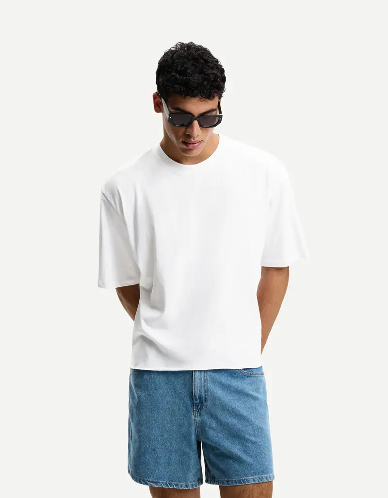 Bershka Maglietta A Maniche Corte Cropped Uomo Bianco