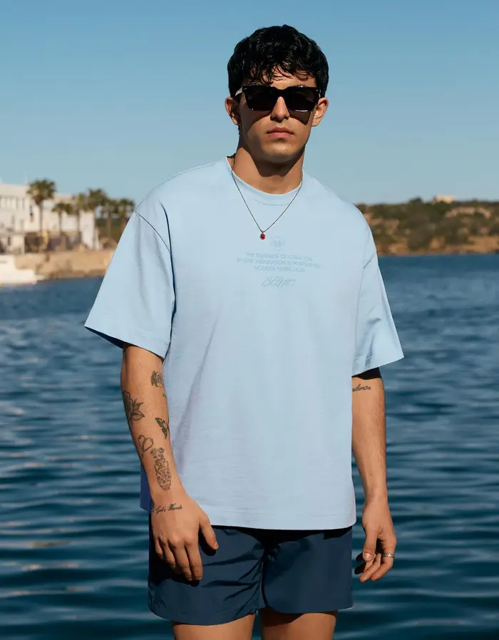Bershka Maglietta A Maniche Corte Ricamata Uomo Azzurro