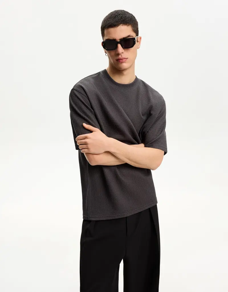 Bershka Maglietta A Maniche Corte Seersucker Uomo Grigio