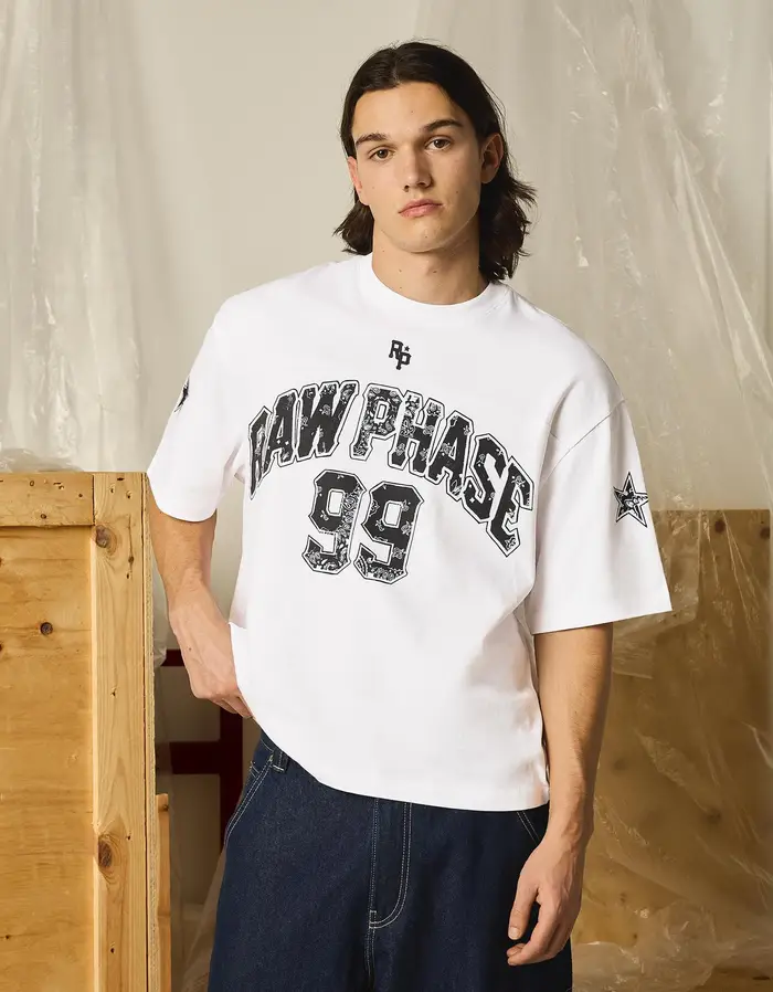 Bershka Maglietta Boxy Fit Stampa Uomo Bianco Roto