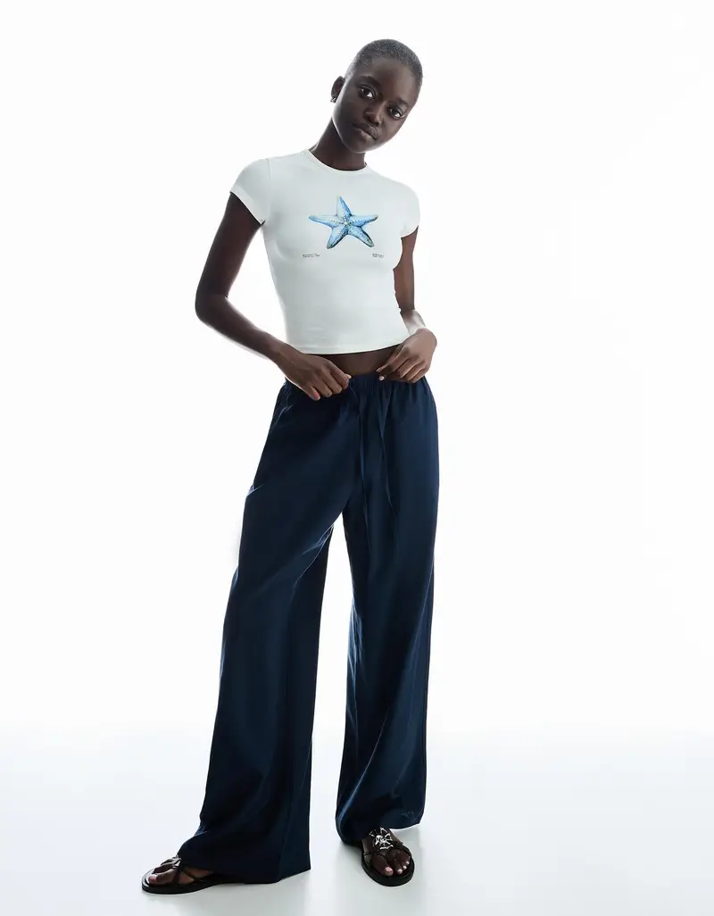 Bershka Pantaloni Misto Lino Con Elastico In Vita Donna 10-12 Marino