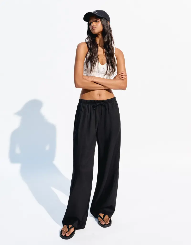 Bershka Pantaloni Misto Lino Con Elastico In Vita Donna Nero