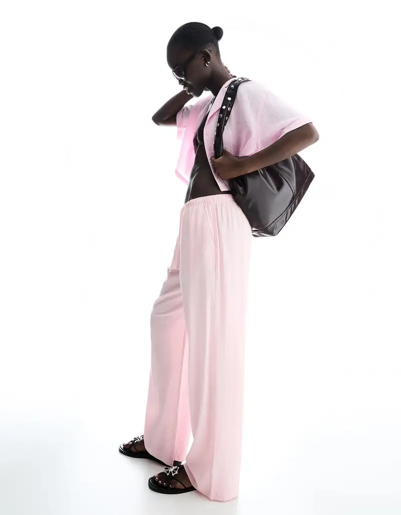 Bershka Pantaloni Misto Lino Con Elastico In Vita Donna Rosa