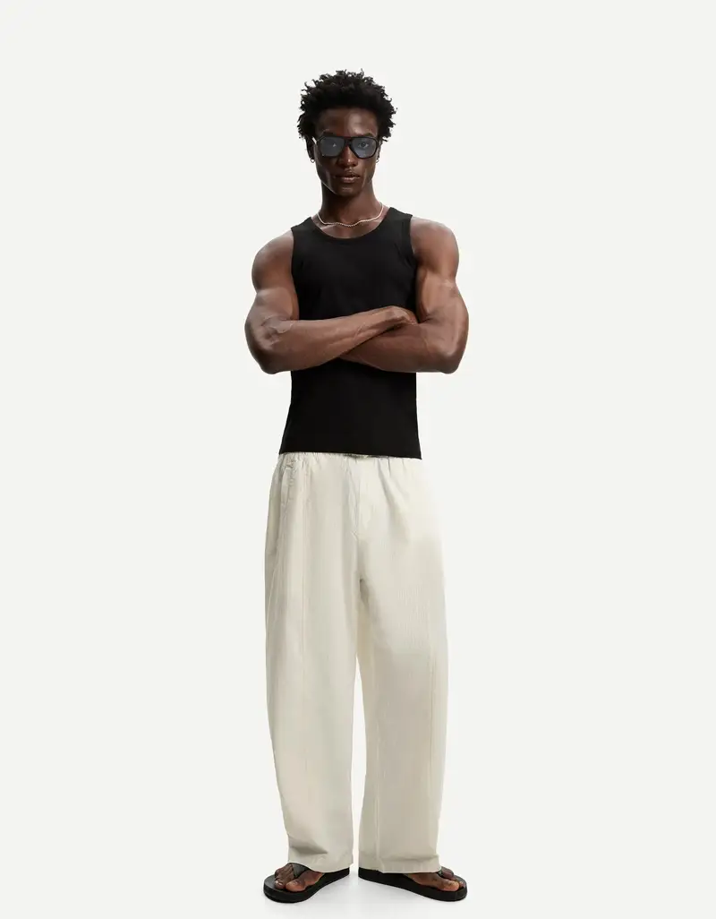 Bershka Pantaloni Super Baggy Fit A Righe Uomo L Avorio