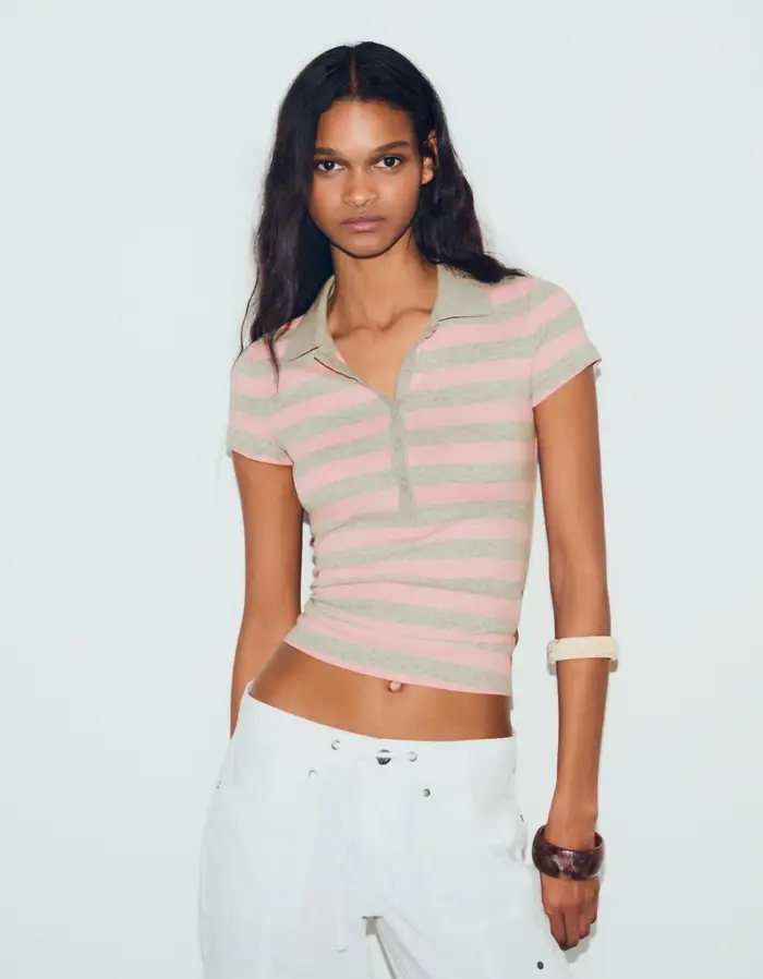 Bershka Polo A Maniche Corte A Righe Donna Rosa