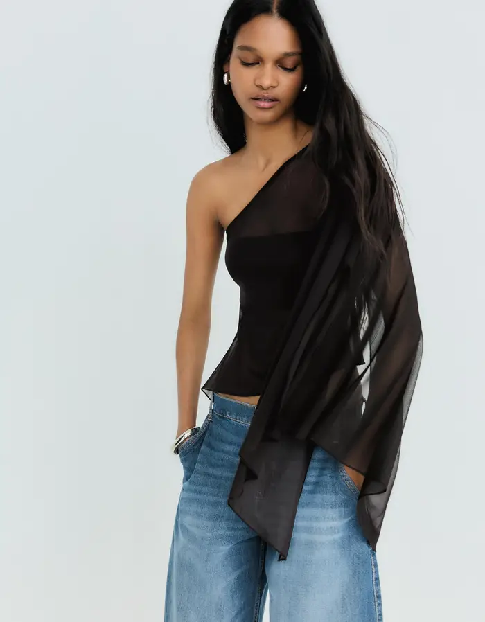 Bershka Top In Tulle Asimmetrico Donna Nero