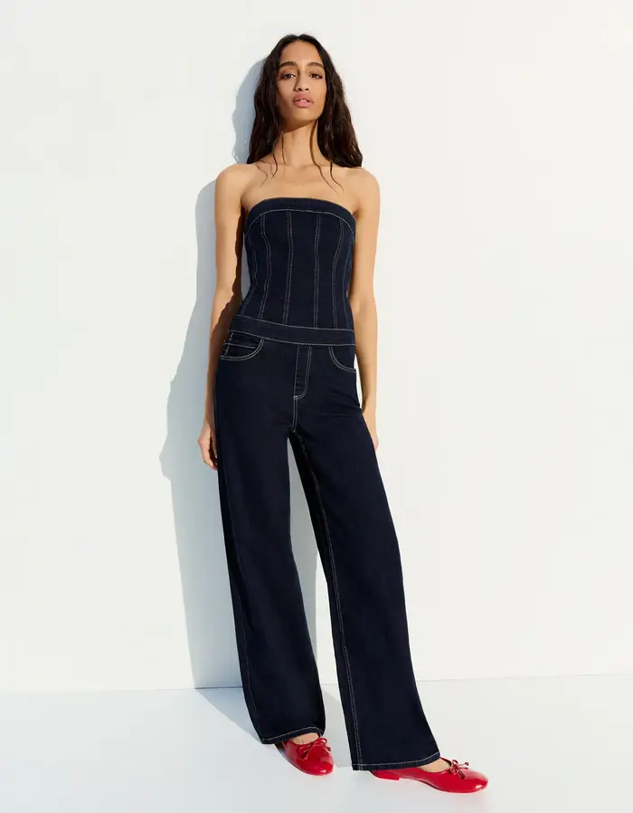 Bershka Tuta Lunga In Denim Donna Marino