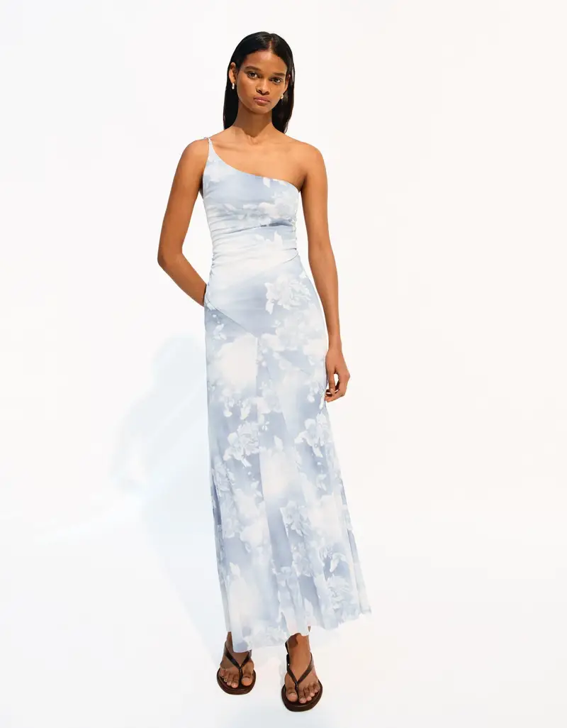 Bershka Vestito Maxi In Tulle Asimmetrico Stampato Donna Azzurro