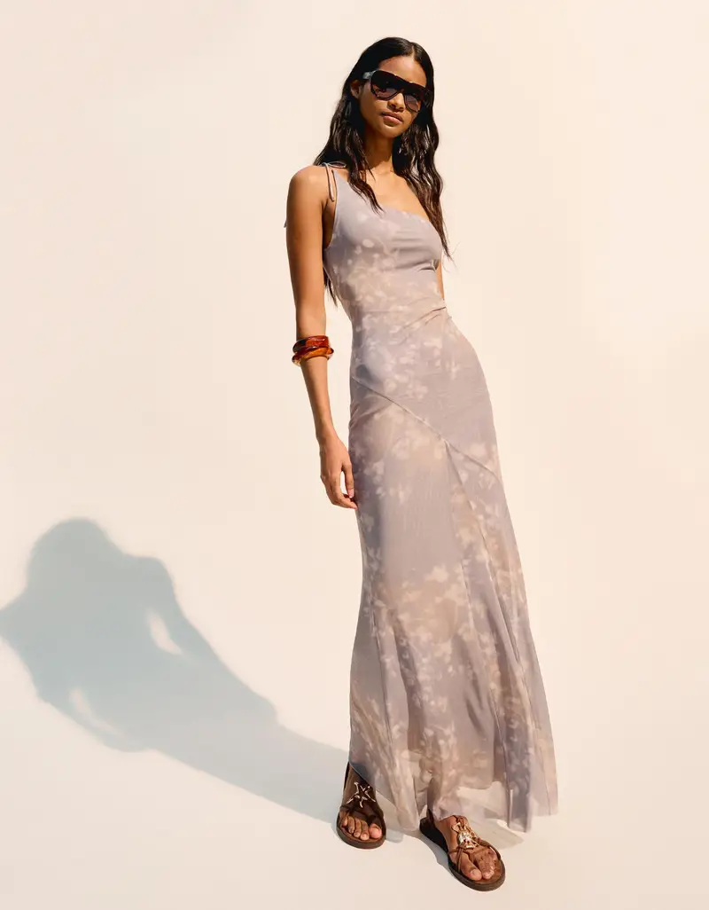 Bershka Vestito Maxi In Tulle Asimmetrico Stampato Donna Grigio