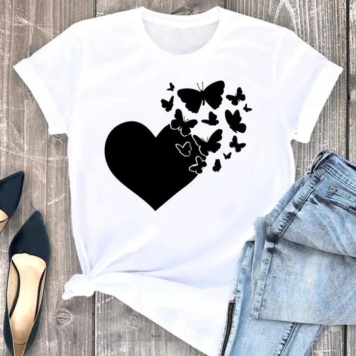 Maglietta con stampa da donna Maglietta alla moda estiva Maglietta con cuore d amore Farfalla Dolce tendenza Donna T femminile Abbigliamento T-shirt grafiche a maniche corte 4XL