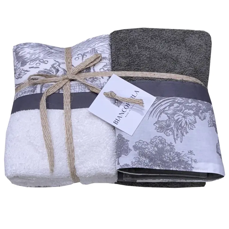 BiancoPerla Set spugna 4 pezzi viso e ospite toile de jouy grisaglia