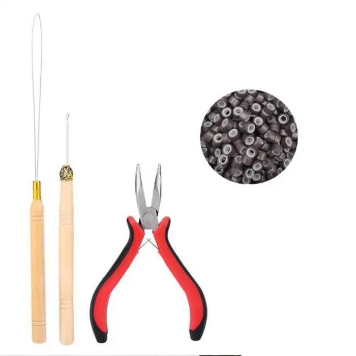 Kit di Strumenti per Extension Capelli con Ago ad Amo, Uncinetto, Ago per Tirare, 500 Micro Anellini, Infila-Aghi ad Anello, Anellini in Silicone