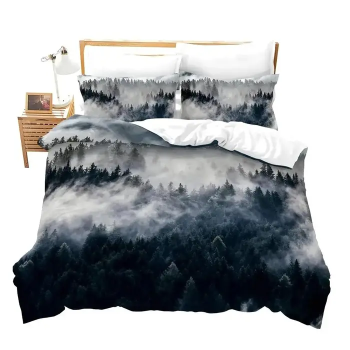 Set Copripiumino Smoky Mountain Set Biancheria da Letto Misty Forest Matrimoniale Queen Grigi Paesaggio Naturale Copripiumino Artistico 150X200cm-3pcs