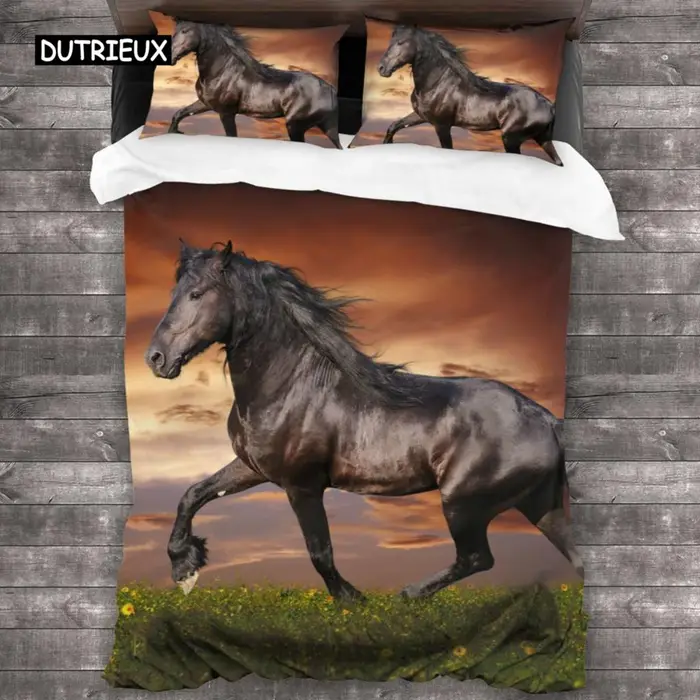 Copripiumino Cavallo Set Biancheria da Letto Animale per Bambini Adolescenti Cowboy Western Tramonto Paesaggio Matrimoniale Queen King Copri Piumino EU single(135x200cm)