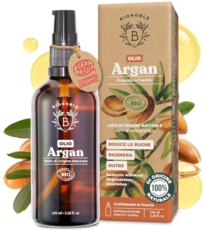 BIONOBLE Olio di Argan Biologico 100ml - 100% Puro, Naturale e Pressato a Freddo - Viso, Corpo, Capelli, Barba, Unghie