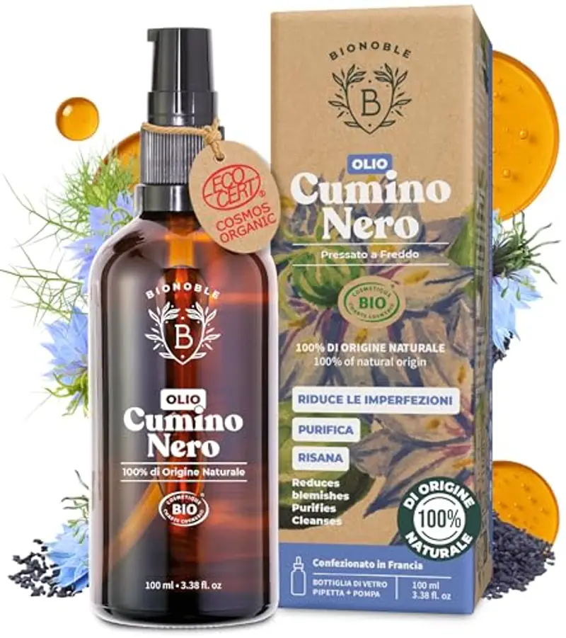 BIONOBLE Olio di Cumino Nero Biologico 100ml - Bottiglia di Vetro + Pipetta + Pompa - Olio di Semi Neri Nigella Sativa