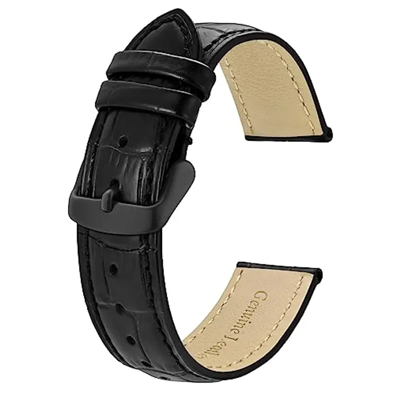 BISONSTRAP Cinturino per Orologi 18mm, Cinturini in Pelle Goffrata Alligatore, Nero con Fibbia Nera