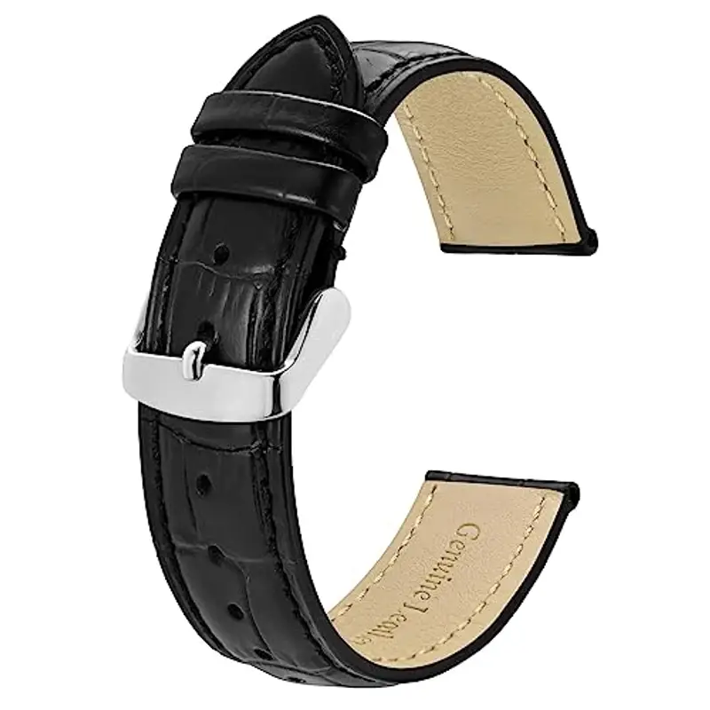 BISONSTRAP Cinturino per Orologi 20mm, Cinturini in Pelle Goffrata Alligatore, Nero con Fibbia Argento