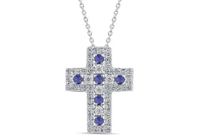 BLISS Collana Croce In Oro Bianco Con Diamante/Zaffiro