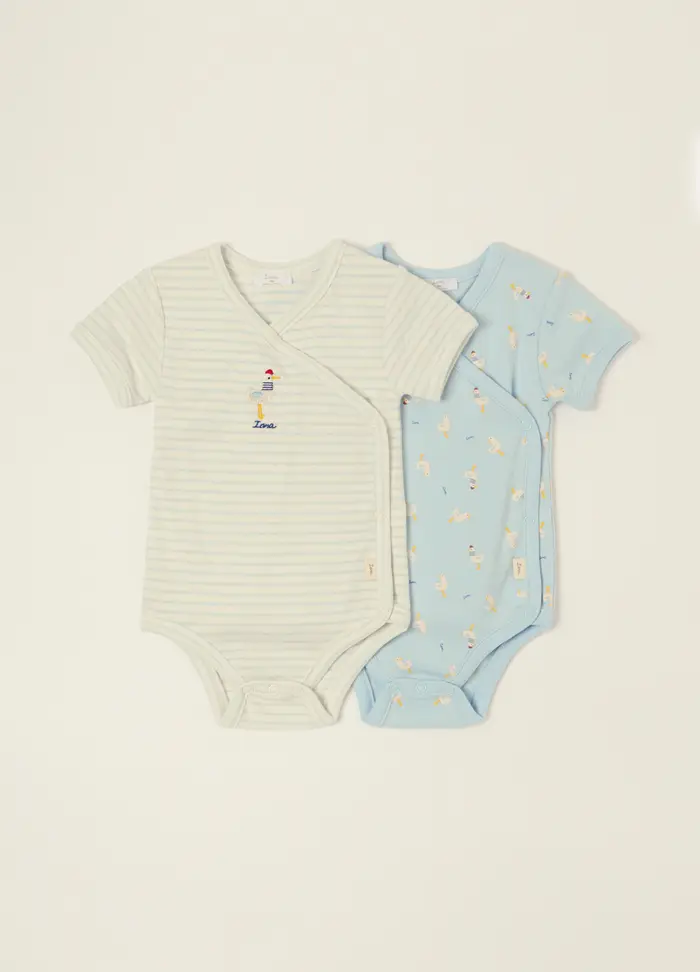 Bipack Di Body Multicolor In Puro Cotone Con Disegno Da Neonato, Bianco/Azzurro