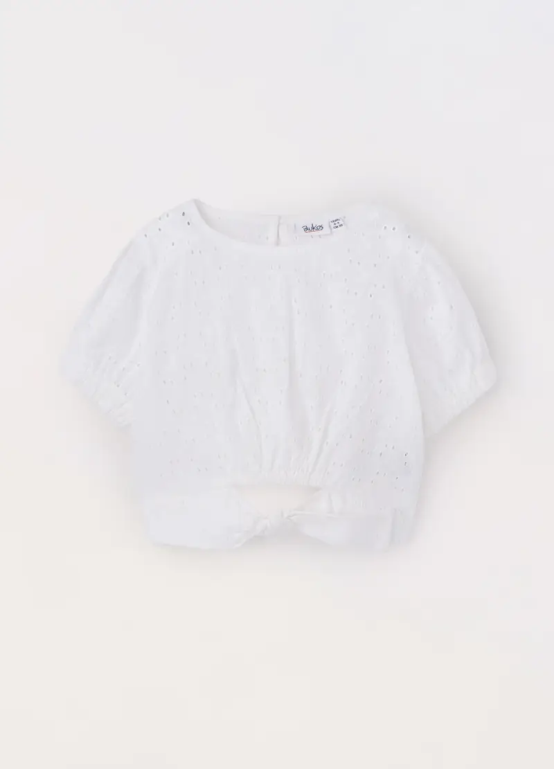 Blukids Blusa In Puro Cotone Sangallo Bambina, Bianco gesso, Taglia: 4-5